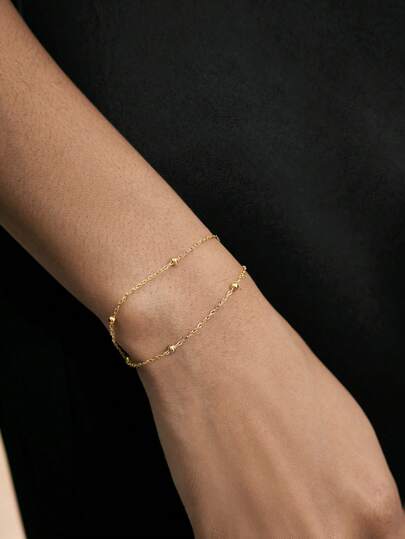 JIAN LASALA 1pc Fashionable Double Layer Stainless Steel Beaded Bracelet In Gold Color For Women, Suitable For Daily Wear