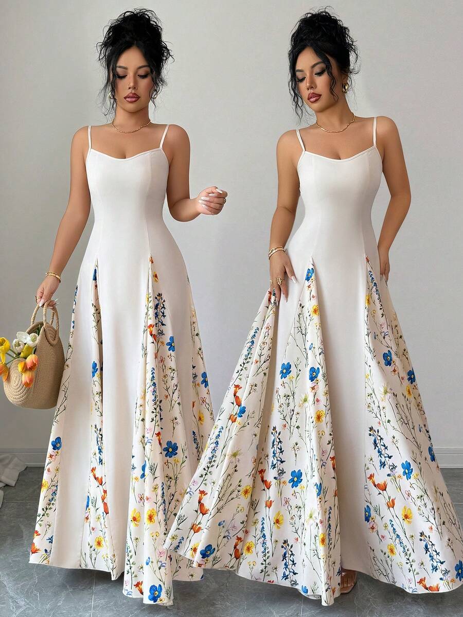 SHEIN Elenzya Spring/Summer New Elegant Women's Apricot Long Floral Print Spaghetti Strap Maxi Dress, Casual Vacation Beach Swing Dress, Solid Color Floral Patchwork, Suitable For Valentine's Day, Dates, Gatherings, Parties