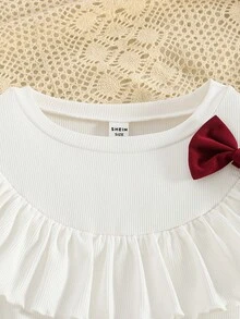 Modisches 2 Stücke Set für Kleine Mädchen bestehend aus weißer Rüschen-Kragen Bluse mit burgunderroter 3D-Schleife und burgunderrotem perlenbesetztem Skort, französischer eleganter Stil geeignet für Alltag, Party, Lässig-Wear, Frühling/Herbst, Winter, Weihnachten - Weiss - Übersicht 5
