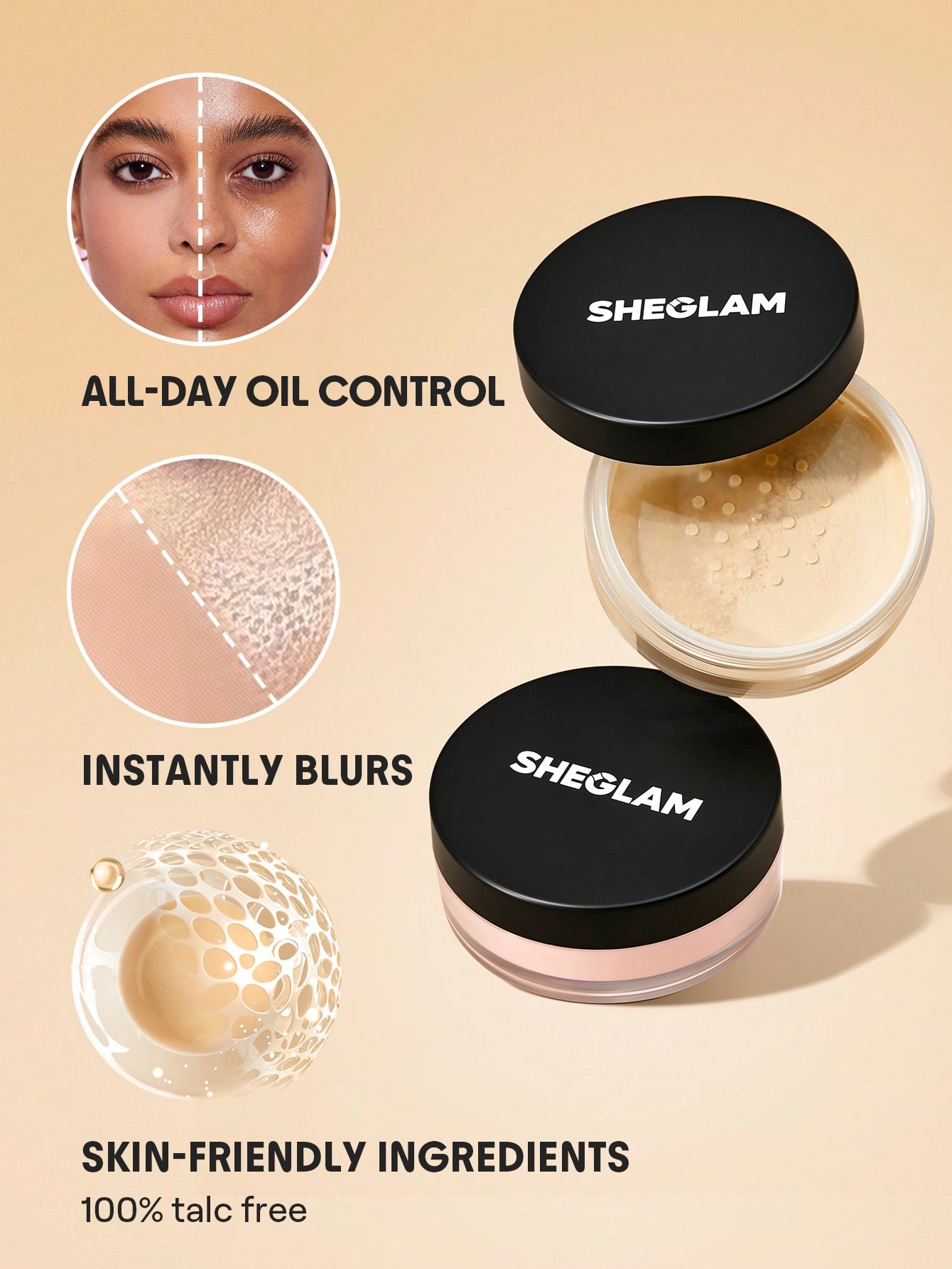 SHEGLAM بودرة تثبيت مخبوزة متوهجة-بودرة تثبيت سائبة للتحكم في الزيوت من كابتشينو، شفافة، خالية من المسام، خالية من العيوب، تنعم الخطوط الدقيقة
