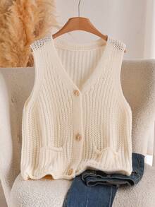 CosyJoli Plus Size Women Metal Single-Breasted Casual Knitted Vest, Autumn/Winter - Apricot - View 5