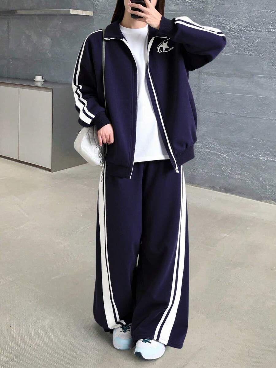 SHEIN 2 件套青少年女孩宽松休闲街头风格运动连帽衫套装,星星印花装饰,拉链连帽夹克和阔腿运动裤,海军蓝和深蓝色 - 寶藍色 - 查看 1