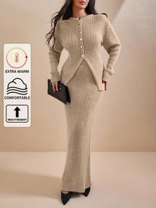 EURMUSE Women Solid Color Front Button Rib Knit Cardigan & Sweater Skirt Set - Beige - View 1