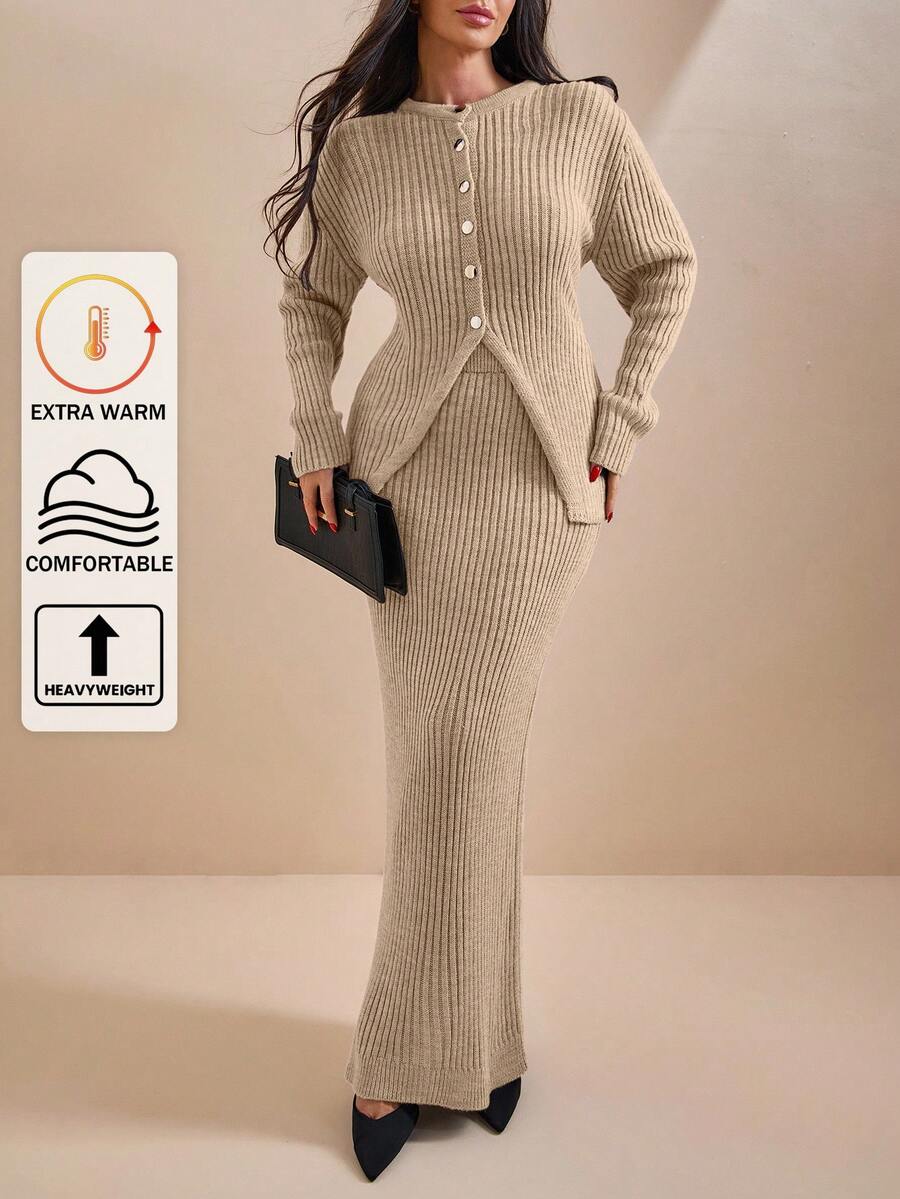 EURMUSE Women Solid Color Front Button Rib Knit Cardigan & Sweater Skirt Set - Beige - View 1