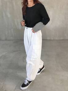 FRIFUL 女士圆领插肩拼接撞色薄纱长袖宽松休闲套头卫衣，适合秋季穿着 - 灰色 - 查看 2