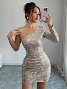 Rafferiza 时尚性感不对称露肩无袖褶皱亮片紧身迷你连衣裙（女款） - 杏色 - 查看 4