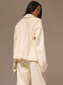 MUSERA Snake Faux Leather Oversized Button Through Shirt Jacket Cool Girl, Streetstyle, Cute, , , Winter - Light Yellow - View 5