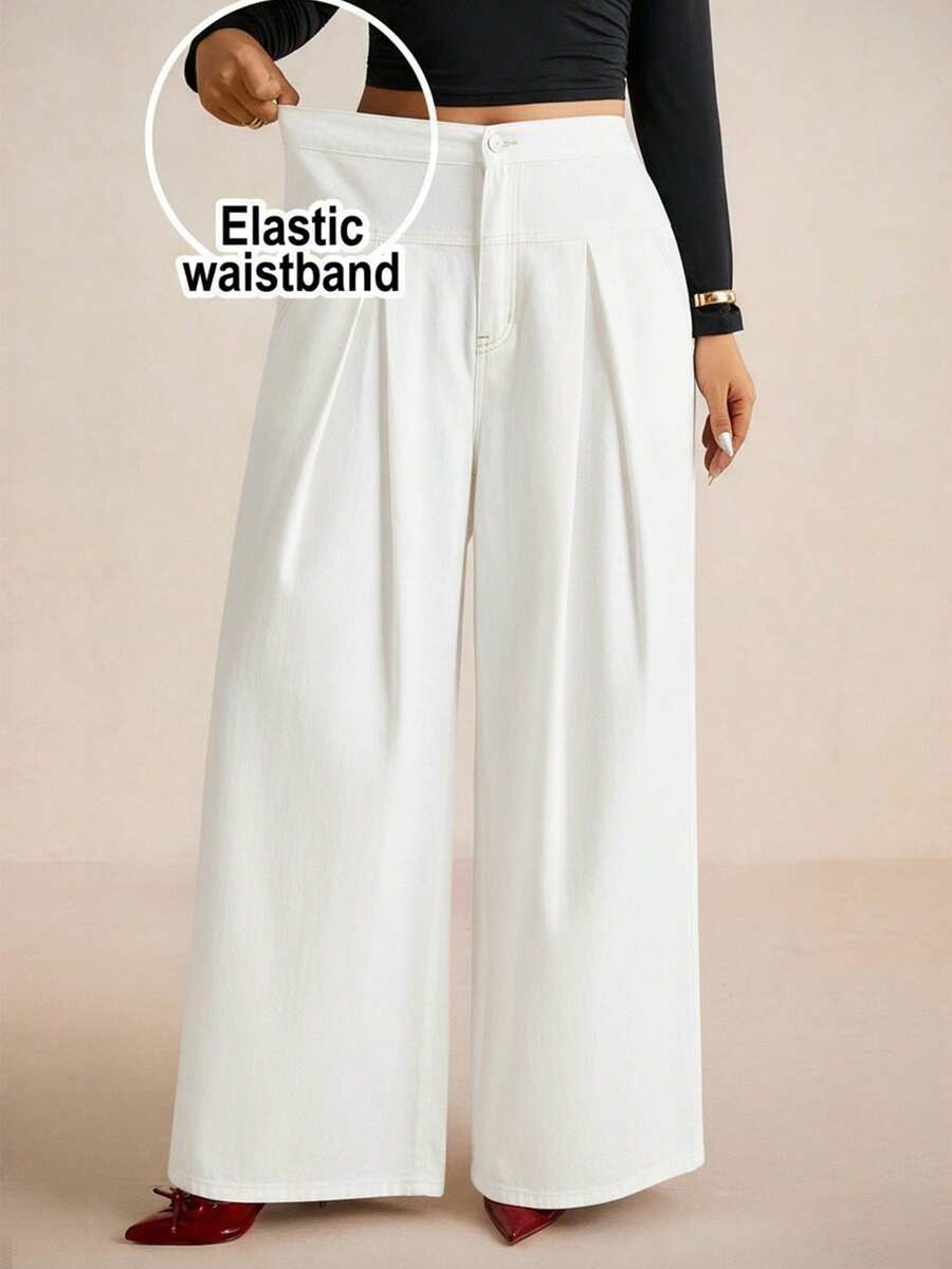 Elaquor Celana Jeans Ukuran Besar Elastis dengan Lipatan dan Potongan Lebar - Putih - View 1