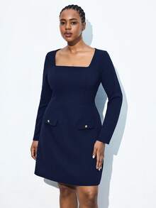 Maija Plus Size Women's Solid Color Square Collar Vintage Elegant Long Sleeve Dress, Suitable For Urban Commute, Business, Casual, Christmas, New Year Party Navy Blue Plus Size Dress Square Neck Dress Long Sleeve Dress Plus Dress With Pockets Curve Blazer Dress Plus Size - Navy Blue - View 1