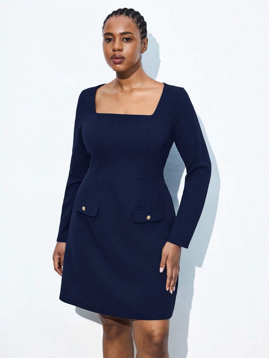 Maija Plus Size Women's Solid Color Square Collar Vintage Elegant Long Sleeve Dress, Suitable For Urban Commute, Business, Casual, Christmas, New Year Party Navy Blue Plus Size Dress Square Neck Dress Long Sleeve Dress Plus Dress With Pockets Curve Blazer Dress Plus Size - Navy Blue - View 1