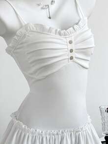 Elamini 女士休闲吊带背心，饰有荷叶边和前褶 - 白色 - 查看 5