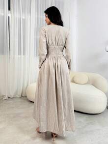 SHEIN Tall 棉麻女士长袖连衣裙，休闲度假连衣裙，V领A字长裙，女士休闲装，女士沙滩装，女士端庄连衣裙，女士春夏连衣裙，女士秋季连衣裙 - 杏色 - 查看 3