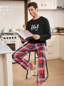 CoupledUp 男士休闲撞色格纹皇冠印花圆领舒适情侣睡衣套装，秋冬服装 - 彩色 - 查看 7