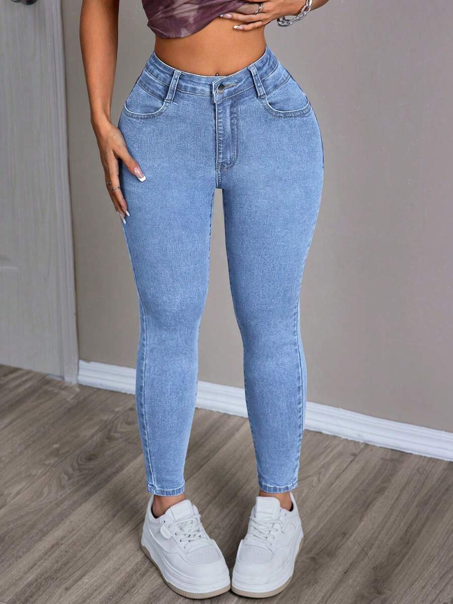 SHEIN PETITE Quần jean ôm vừa vặn, giặt thường ngày dành cho nữ - Rửa nhẹ - Xem 1