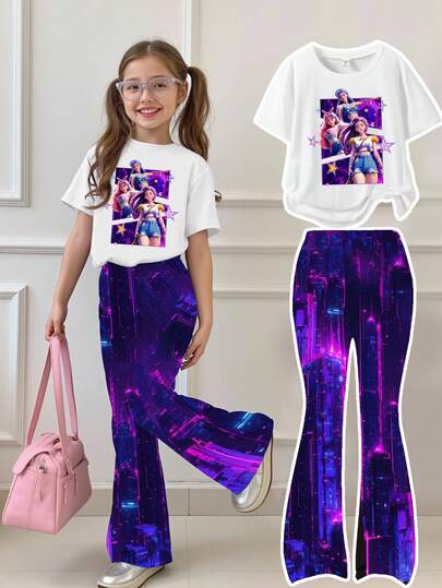 2 piezas Conjunto informal de niña preadolescente con camiseta de manga corta con estampado de personaje K-Pop y pantalones acampanados, adecuado para ocio al aire libre, vuelta al colegio, fiestas, picnics, fotografía callejera, campus, festivales, regalos, primavera/otoño/invierno