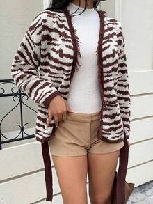 Flirla Cárdigan con cinturón de mujer con estampado de leopardo y cebra, de moda y versátil para otoño/invierno - Marrón - Ver 4