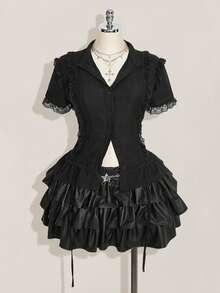 SHEIN ICON Y2k 女式加大码西部乡村音乐会波西米亚嬉皮米色哥特夏季休闲蕾丝边衬衫 - 白色 - 查看 3