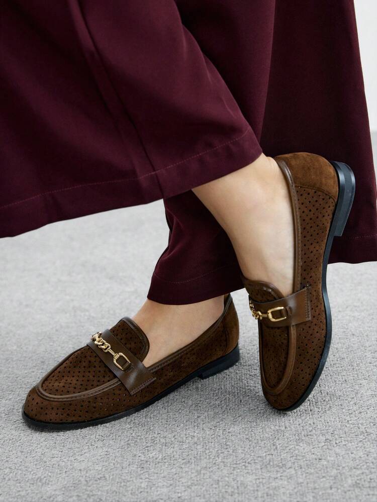 CUCCOO BIZCHIC Women's Fashion Coffee Suede Hollow Breathable Metal Buckle Comfortable Casual Loafers, Suitable For Outdoor, Shopping, Work, Daily Wear For Christmas