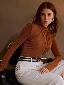 MOTF PREMIUM ÁO DÀI TAY CẠO HÌNH ĐÁ NHÂN TẠO CHỮ CHỮ THẬP, MÀU NÂU MÙA THU/ĐÔNG, THỜI TRANG & ĐA NĂNG - màu nâu - Xem 6