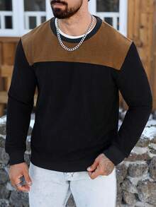 Manfinity CasualCool Sweat-shirt col rond en velours côtelé patchwork pour hommes, noir et marron, couleurs d'automne/hiver, pièce essentielle et chaude pour l'hiver, peut être porté en couche intérieure ou extérieure - Noir - Voir 3