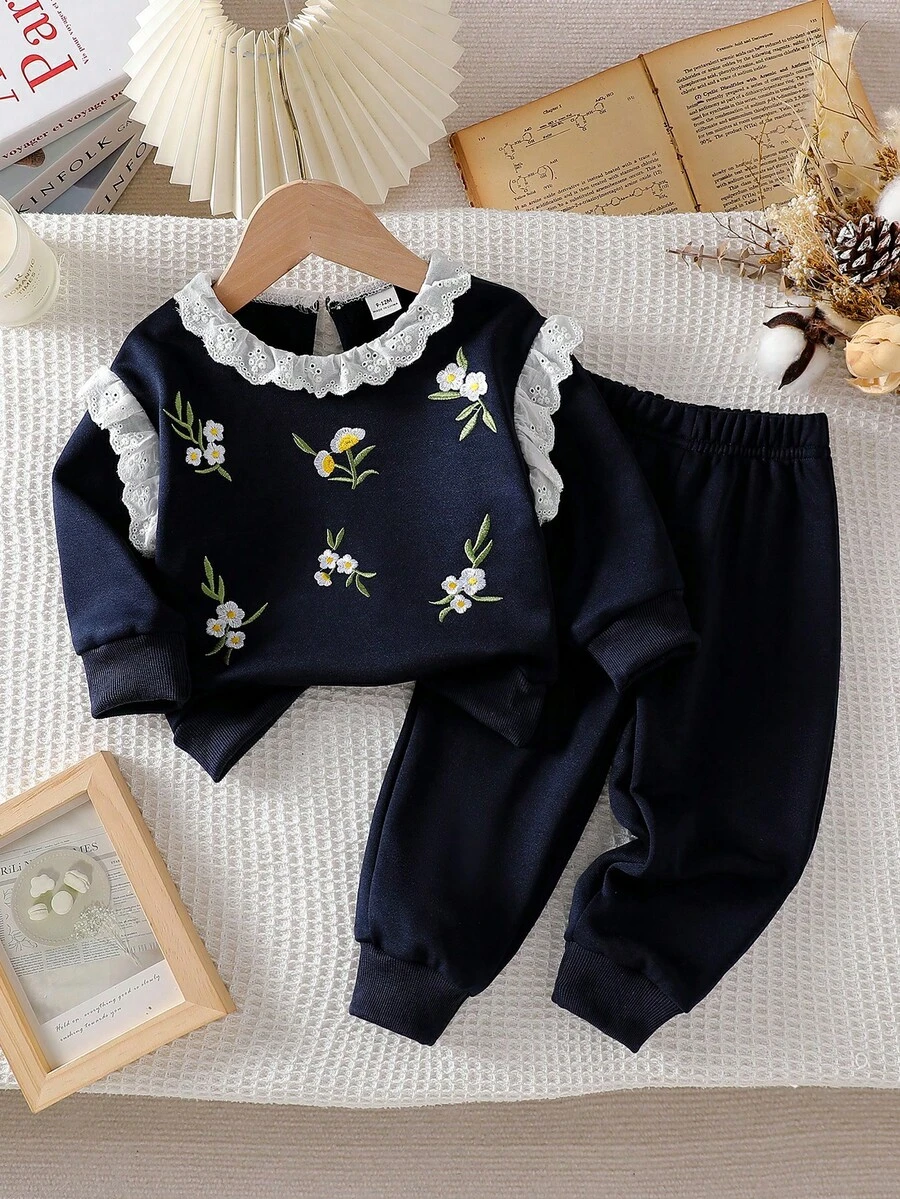 SHEIN 2pcs/Set Toddler White Lace Collar Embroidered Long Sleeve Top And Navy Blue Pants Sweatsuit, Casual Outfit Suitable For Daily Wear, Spring/Autumn, Christmas - Navy Blue - View 1
