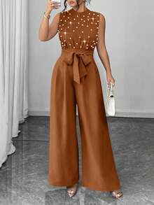 Elenzga Atasan Tanpa Lengan Berhiaskan Manik-Manik Elegan Ukuran Plus dengan Leher Bulat dan Jumpsuit Celana Lurus - Coklat - View 3