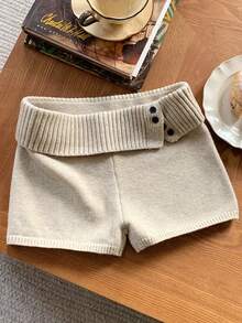 Comfortcana 女士休闲罗纹针织卡其色迷你短裤，秋冬款 - 卡其色 - 查看 6