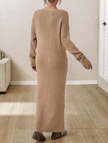EURMUSE Boat Neck Ribbed Knit Midi Dress – Earthy Brown | Oversized Fit With Textured Stitch - Khaki - View 5