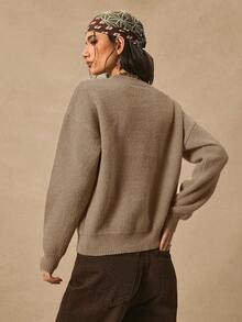 Easelle Áo len chui đầu màu nâu cho nữ, họa tiết jacquard thường ngày, vai trễ, tay dài, thu/đông - Cà phê nâu - Xem 2