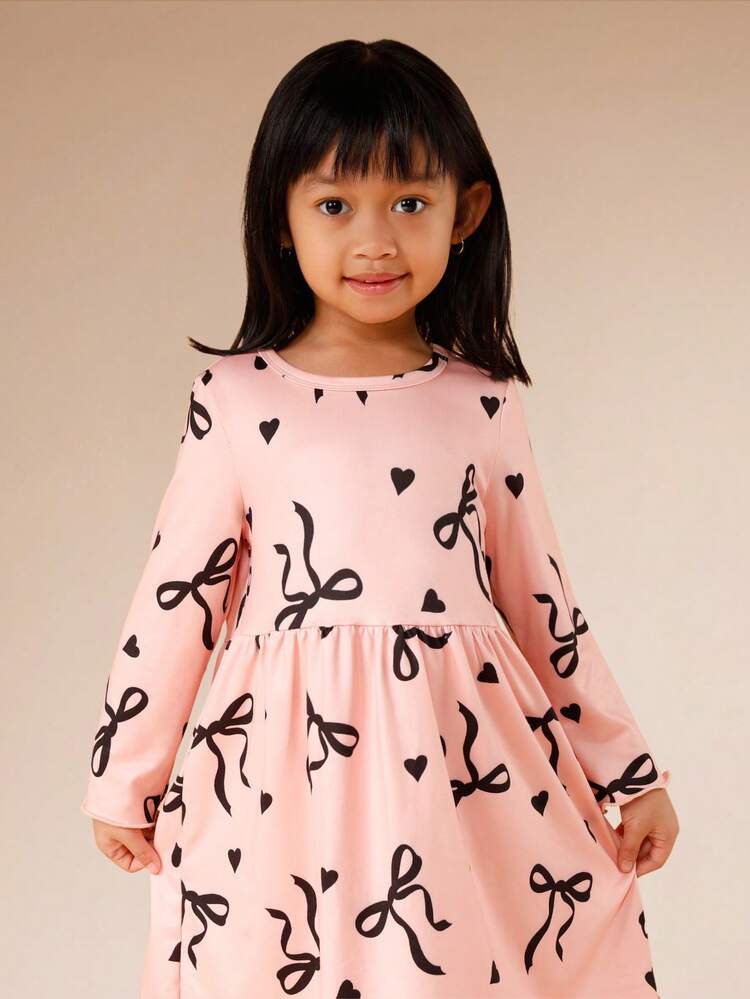 Long Sleeve Bow Hearts Print Dress