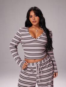 Rustia Maglietta a righe scollo a V oversize da donna, stile vintage casual e confortevole, adatta per autunno/inverno