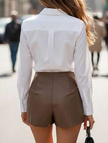 EMERY ROSE Minifalda-pantalón envolvente de PU de moda para mujeres, ideal para el trabajo - Café integral - Ver 2