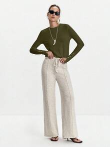 Lumivelle All-Match Round Neck Casual Chic Versatile Long Sleeve Knit Undershirt Army Green Tops Long Sleeve Top Button Top Solid Color Tops Office Winter - Olive Green - View 5