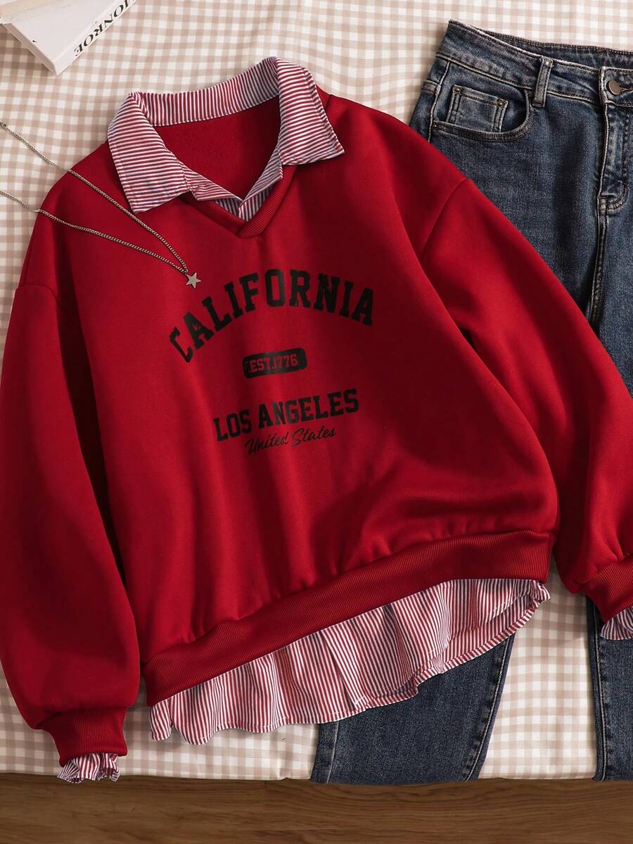 Teen Girl Casual Pullover Sweatshirt, Versatile For School & Commute, 2 In 1 Sweatshirt With Shirt Collar, Numeric & Letter, Leopard Print Pattern, Loose Fit - Burgundy - View 1