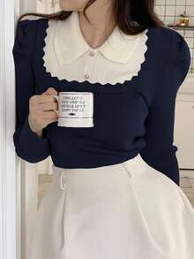 DAZY French Peter Pan Collar Base Layer Sweater For Women, 2 In 1 Puff Sleeve, Autumn/Winter - Navy Blue - View 4