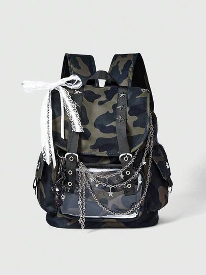 ROMWE Grunge Punk Camouflage Lace Bow Ita Backpack With Transparent Window, Large Capacity, Chains & Stars Decor, Y2K Streetwear School Bag