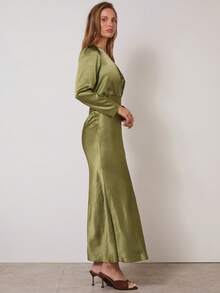 COSMINA Women's Satin Minimalist V-Neck Long Sleeve Elegance Dress,Green Dress, Olive Green Dress, Green Satin Dress, Long Sleeve Green Maxi Dress,Wedding Guest Dress Women - Green - View 6