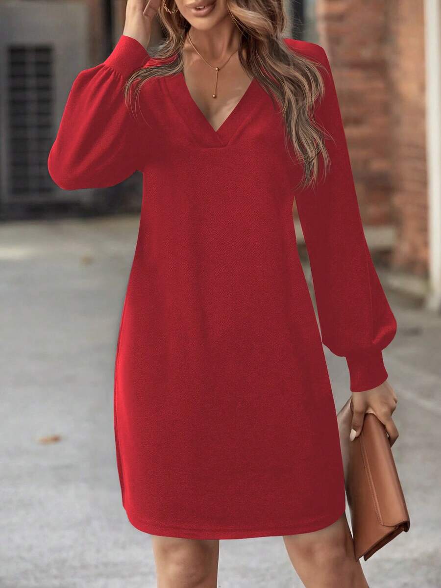 SHEIN 新款黑色V领灯笼袖休闲连衣裙，秋季款 - 紅色 - 查看 1