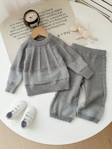 SHEIN Cable Knit Striped Fuzzy Crew Neck Pants Set - Grey - View 5