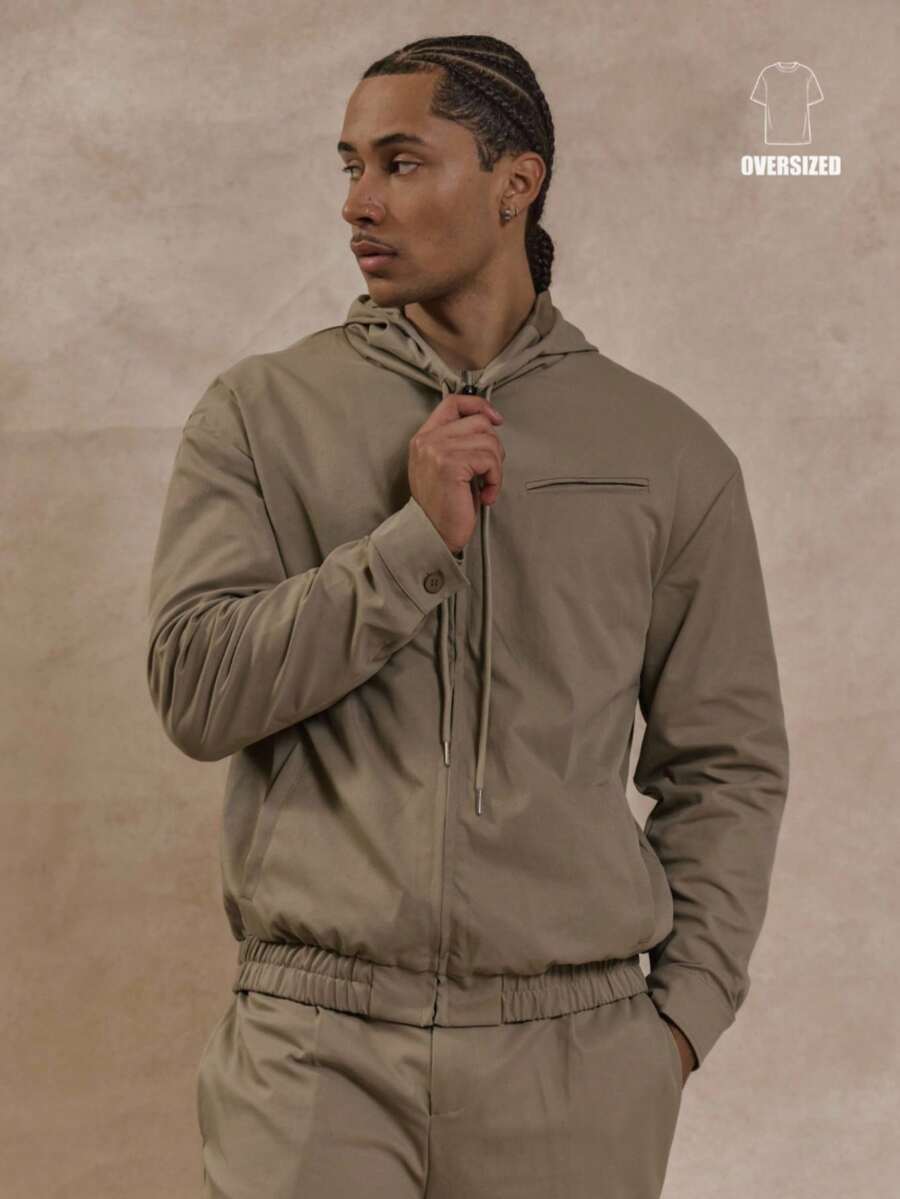 Musero Oversized Drop Shoulder Long Sleeve High Hooded Zip Through Jacket Top Only Fall/SPRING SUMMER - Khaki - View 1