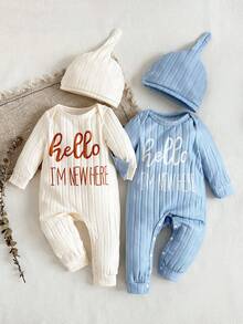 SHEIN Set de 4 piezas de pelele de manga larga con estampado de letras y gorro, cómodo y suave, para bebé niño recién nacido en otoño - Multicolor - Ver 7