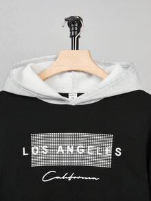 SHEIN 2件組青少年男孩對比色塊連帽衛衣與慢跑長褲套裝，運動風春/秋季套裝，情人節適用 - 黑色 - 查看 6