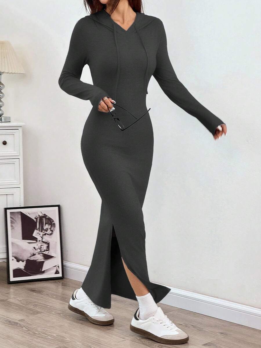 SHEIN EZwear 女士秋冬连帽抽绳修身长袖针织紧身连衣裙 - 深灰色 - 查看 1