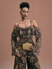 JIAN LASALA Multicolor All-Over Print Mesh Spaghetti Straps Off-Shoulder Wide-Leg Women Boho Jumpsuit Jumpsuits For Woman Party Resort Wear Floral Jumpsuit For Women Jumpsuits For Woman Wide Leg Elegant Ibiza Outfits Graphic Dress Beach Jumpsuit Beach Wedding Guest - Multicolor - View 7