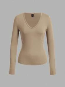 SHEIN EZwear 3 件套女士深 V 领修身休闲长袖 T 恤套装，秋冬 - 彩色 - 查看 4
