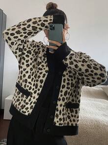 DAZY 女士时尚豹纹拼接开衫，秋冬款 - 棕色 - 查看 5