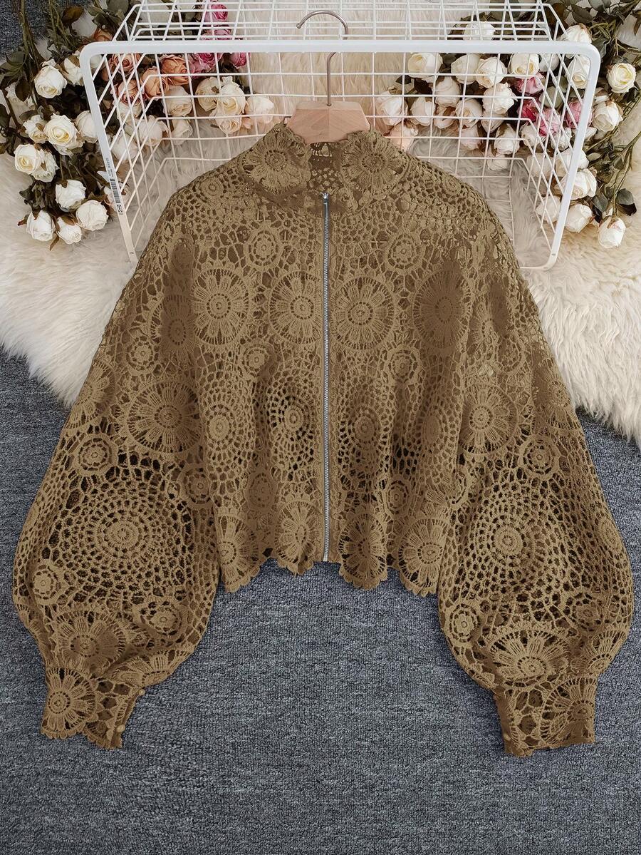 Franclia Women's Autumn Floral Lace Hollow Zipper Front Long Sleeve Blouse Women Shirt - Khaki - View 1