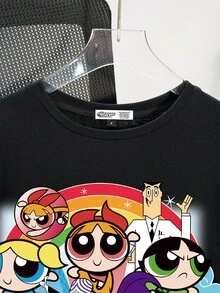 THE POWERPUFF GIRLS X SHEIN Camiseta de manga corta de cuello de tripulación suelta con diseño de flor, burbujas y ranúnculo en color negro para el verano - Negro - Ver 3