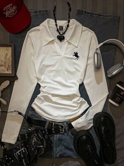 Attitoon 女士休闲复古V领褶皱腰身修身长袖T恤，适合秋冬季穿着