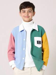 Kids Boy Casual Everyday Comfortable Patchwork Contrast Color Letter Embroidered Hooded Long Sleeve Woven Shirt, Suitable For School, Garden, Beach, Birthday, Spring, Summer, Fall, Winter